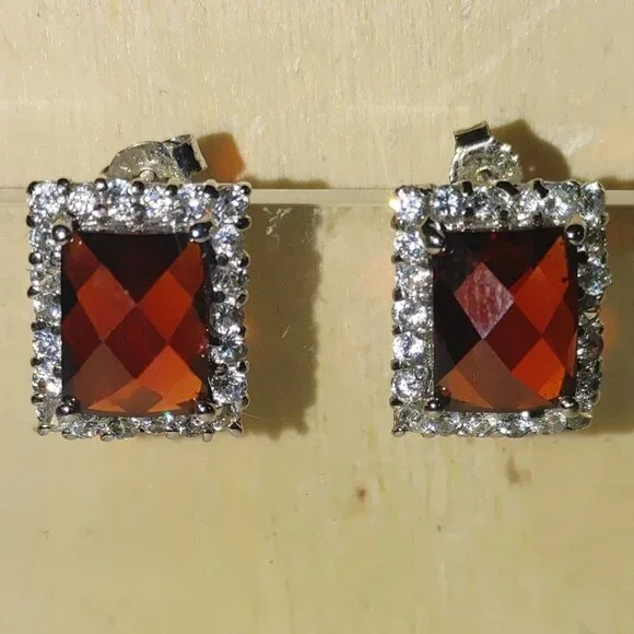 Garnet Earrings Sterling Silver 925 Vintage Square Red Bold Elegant Gemstones - Picture 9 of 9